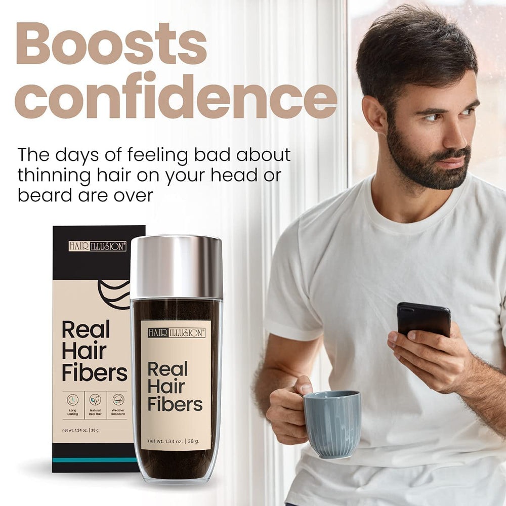 Hair Illusion bottle showing fibers for easy application and coverage.