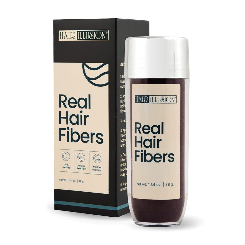Hair Illusion dark brown fibers applied to thinning hair for a fuller look.