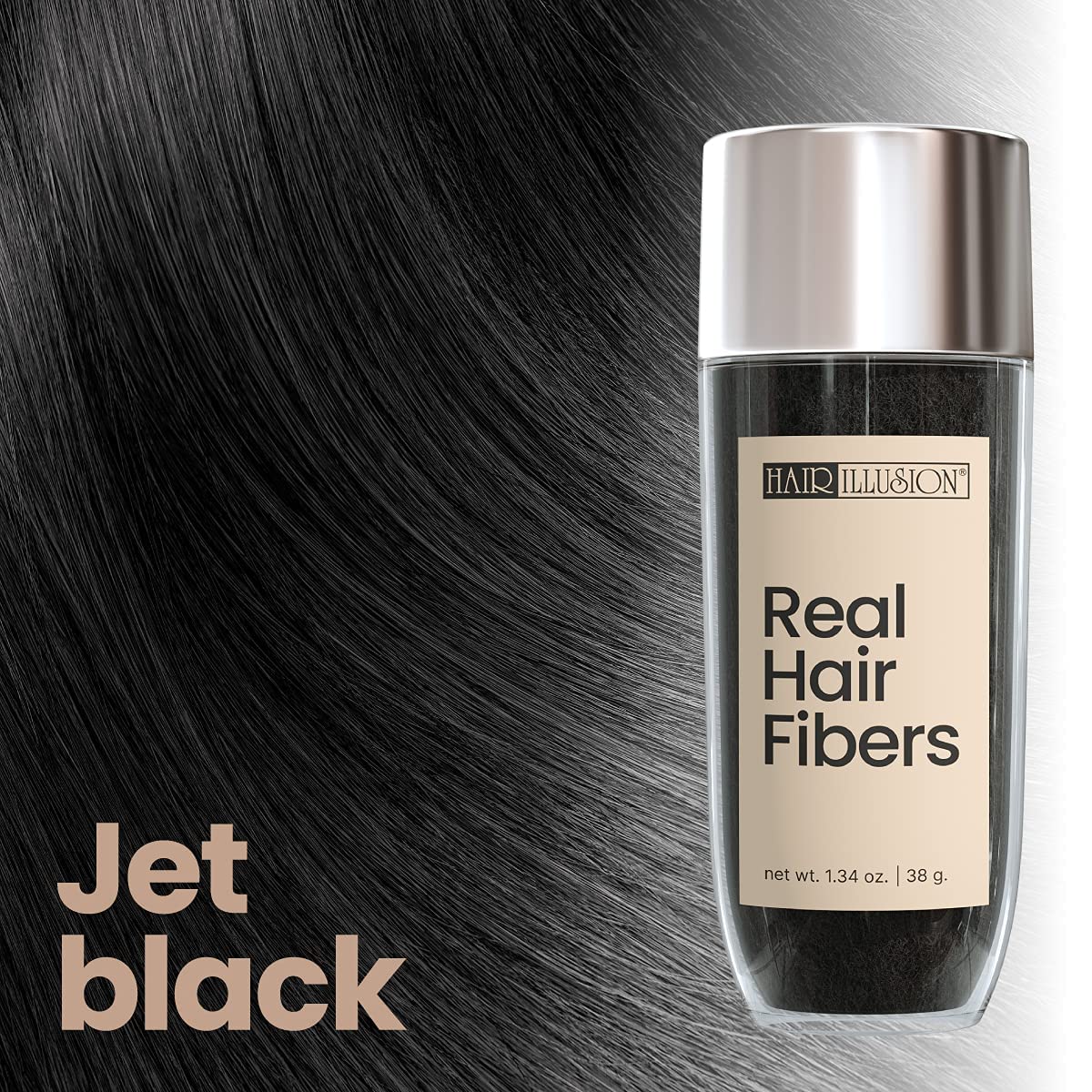 Hair Illusion fibers shown with Hold On Spray compatibility for enhanced hold.
