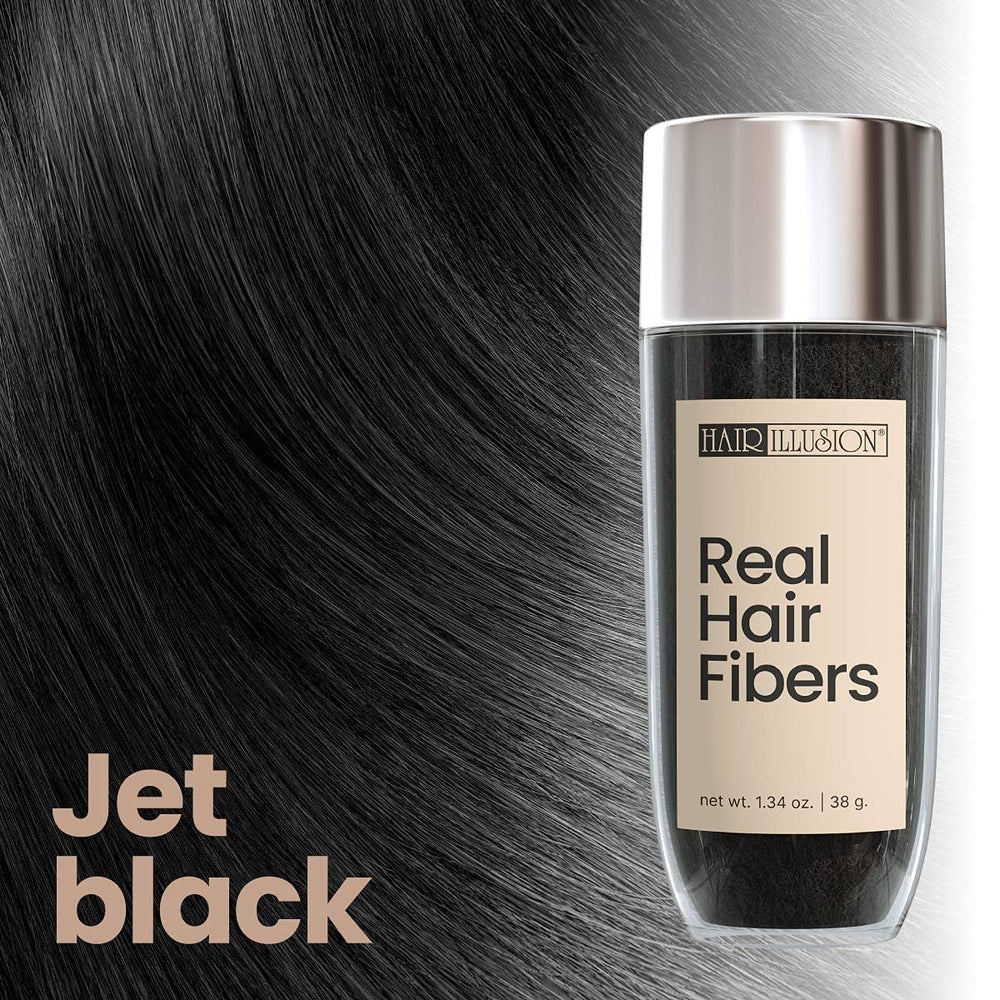 Hair Illusion fibers shown with Hold On Spray compatibility for enhanced hold.