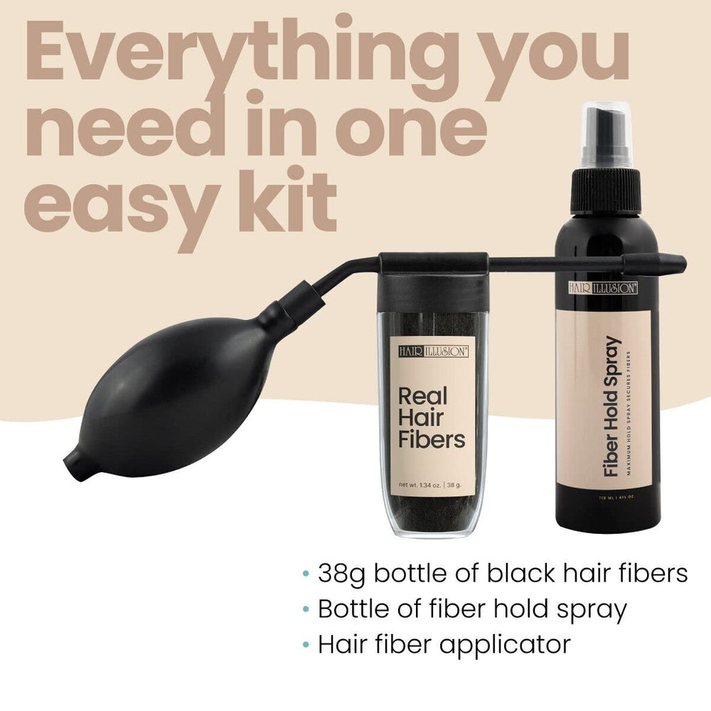 Hair Illusion natural fibers blend for discreet coverage.