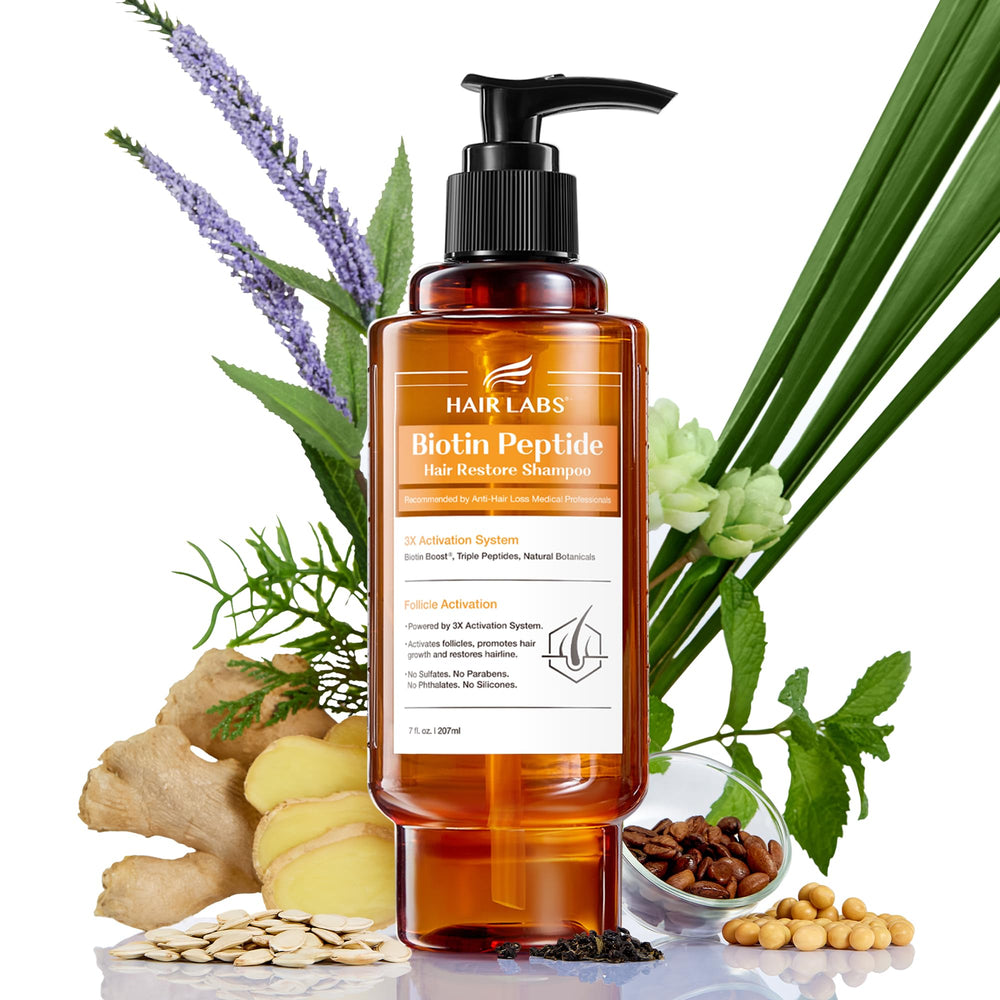 Hair Labs Biotin Peptide Hair Restore Shampoo bottle, sulfate-free formula for gentle cleansing.
