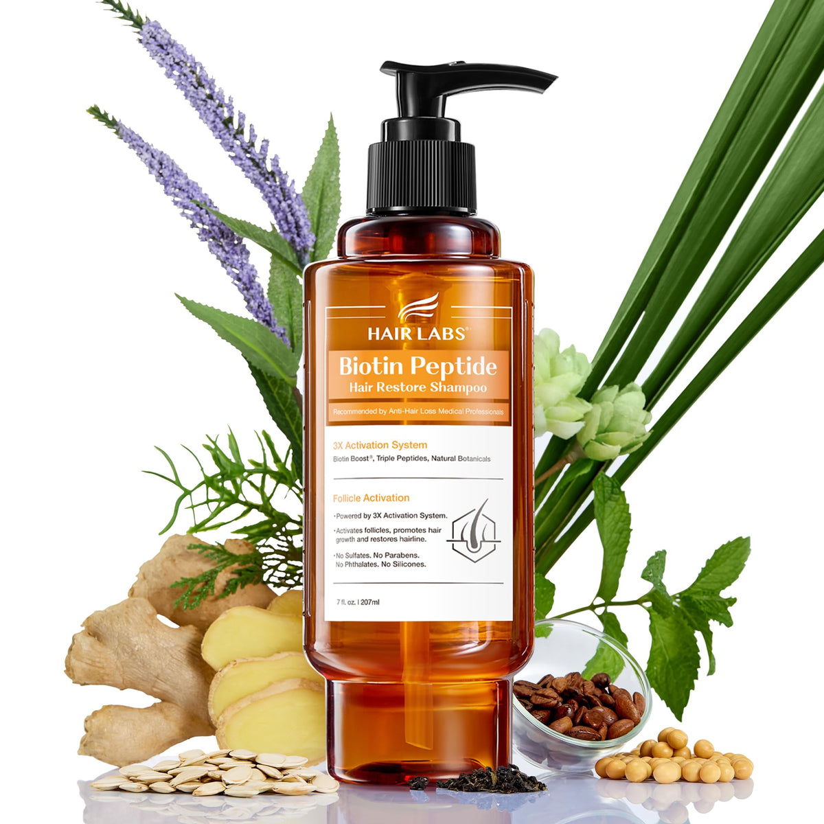 Hair Labs Biotin Peptide Hair Restore Shampoo bottle, sulfate-free formula for gentle cleansing.