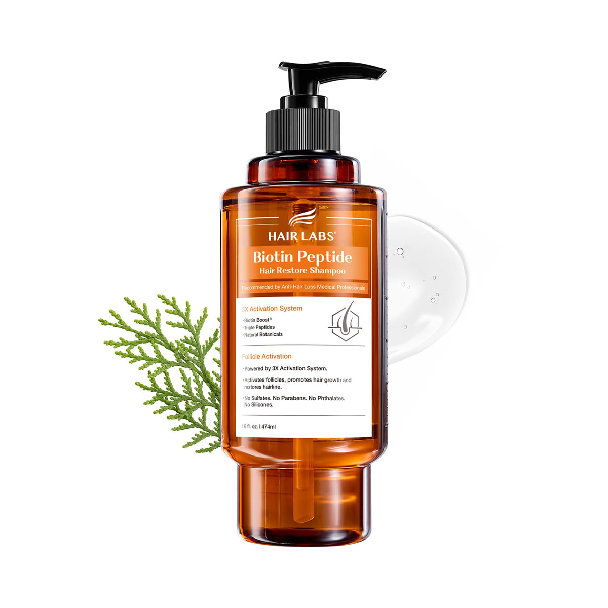 Hair Labs Biotin Peptide Hair Restore Shampoo bottle highlighting scalp nourishment for roots