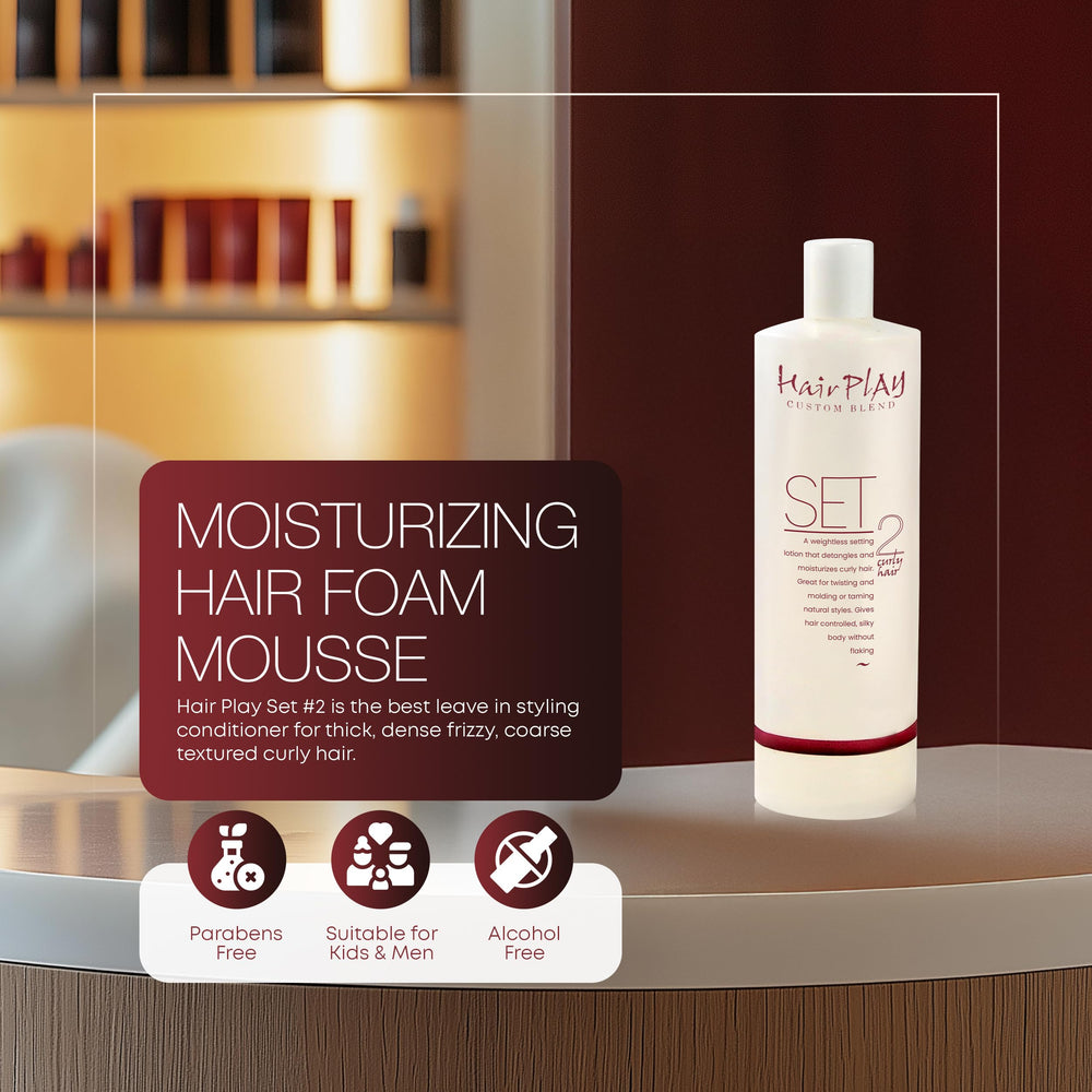 Hair Play curl-definition mousse bottle highlighting defined curls and frizz control