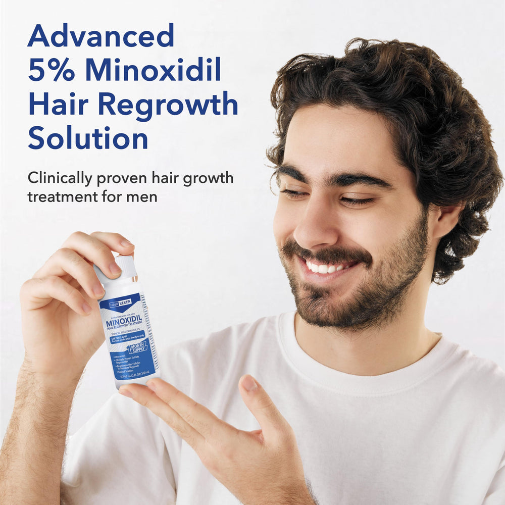 Hair Regen bottle on bathroom shelf ready for sessions.