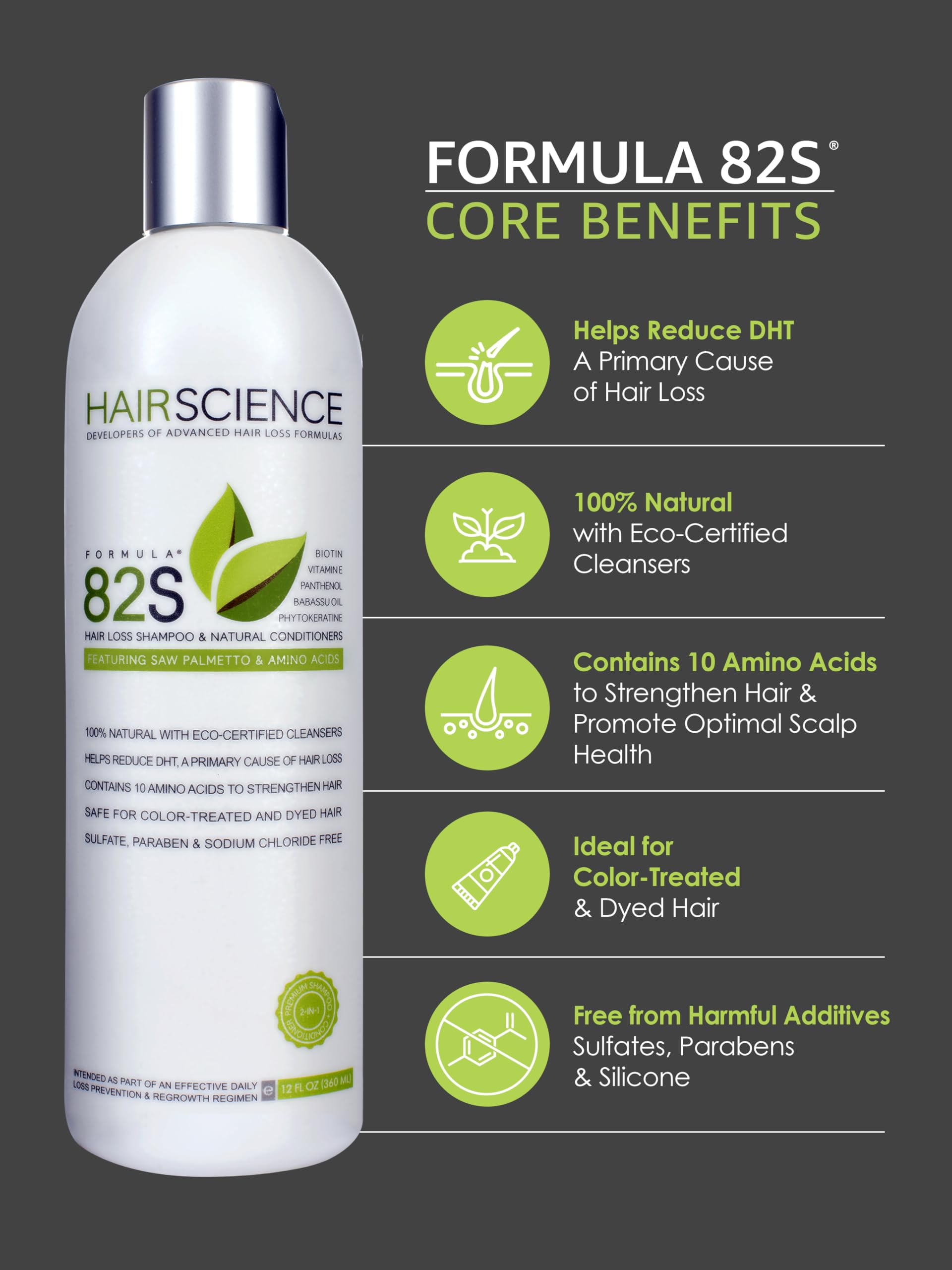 Hair Science Formula 82S packaging shows dermatologist-informed thinning hair solution