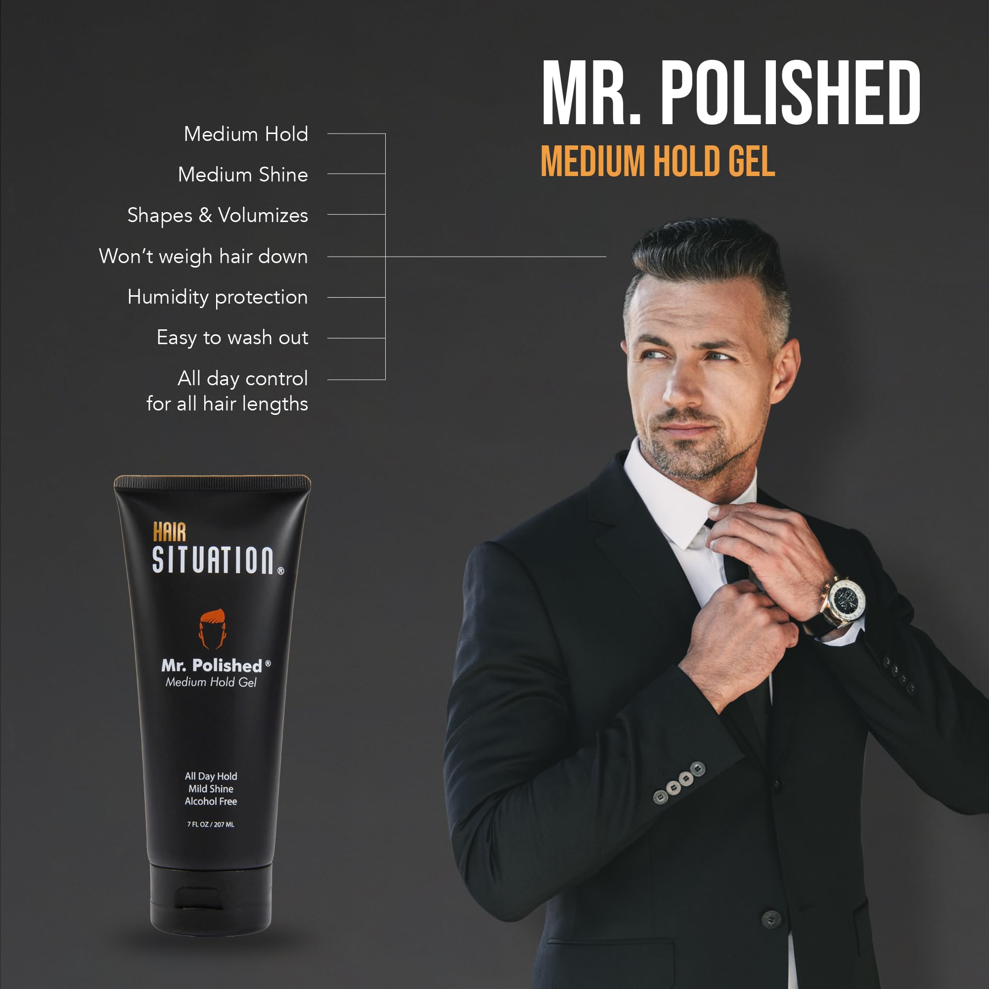 Hair Situation Mr. Polished anti-frizz close-up highlights smooth control.