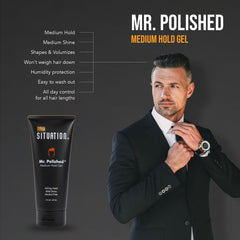 Hair Situation Mr. Polished anti-frizz close-up highlights smooth control.