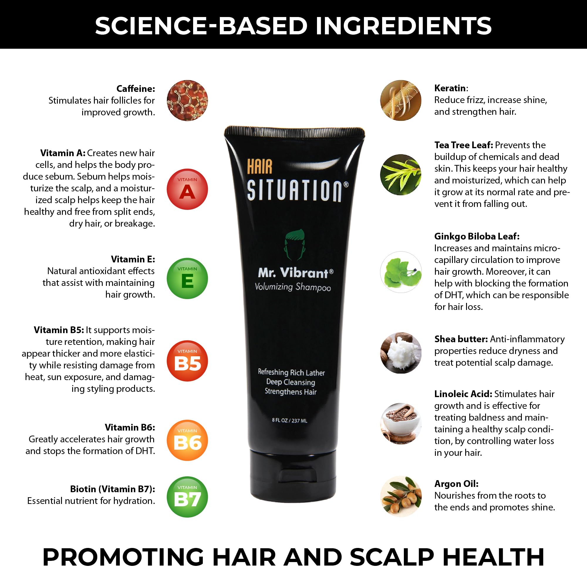 Hair Situation Volumizing Shampoo ingredients include Biotin and caffeine for vitality.