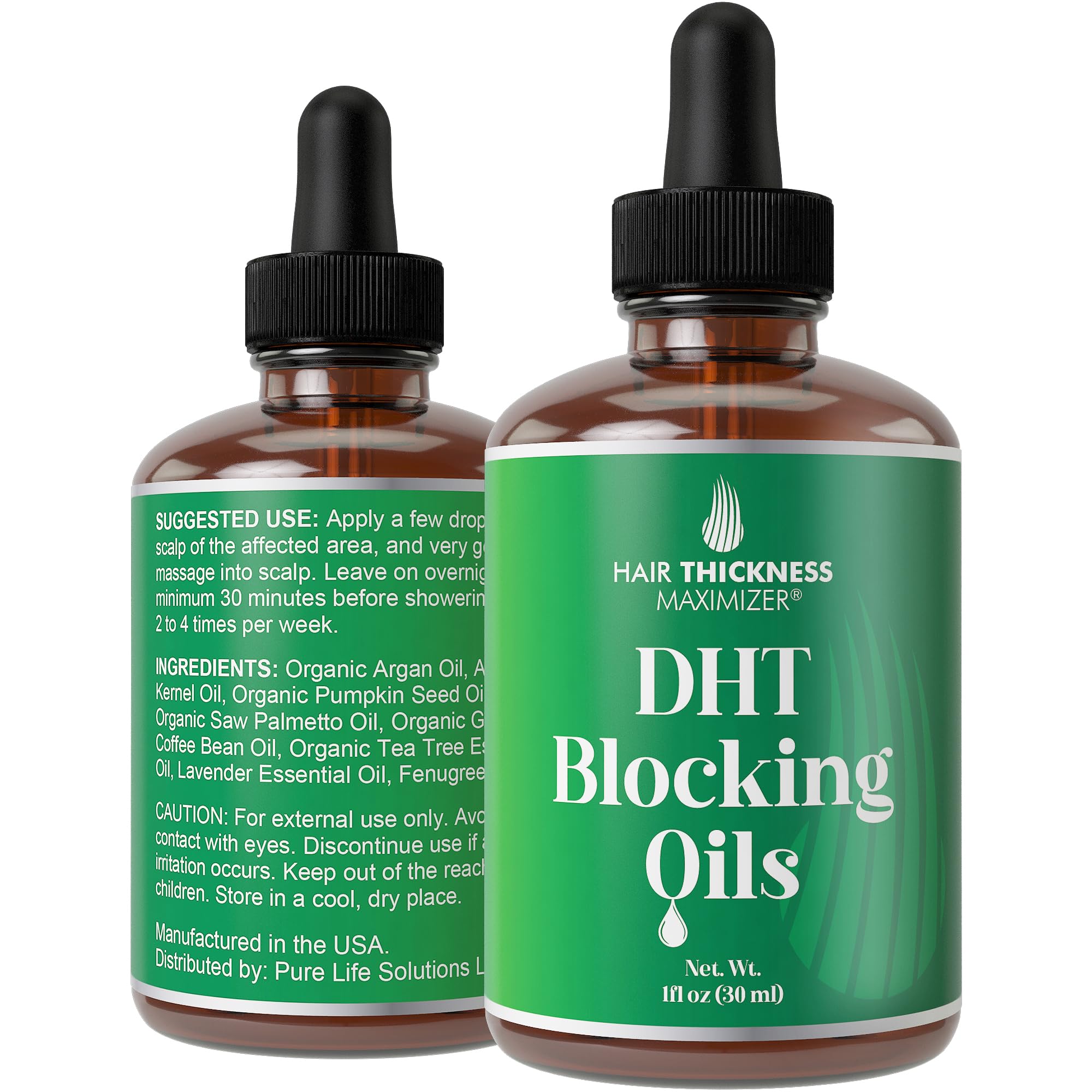 Hair Thickness Maximizer DHT Blocker Serum bottle closeup, vegan unscented formula for thinning hair