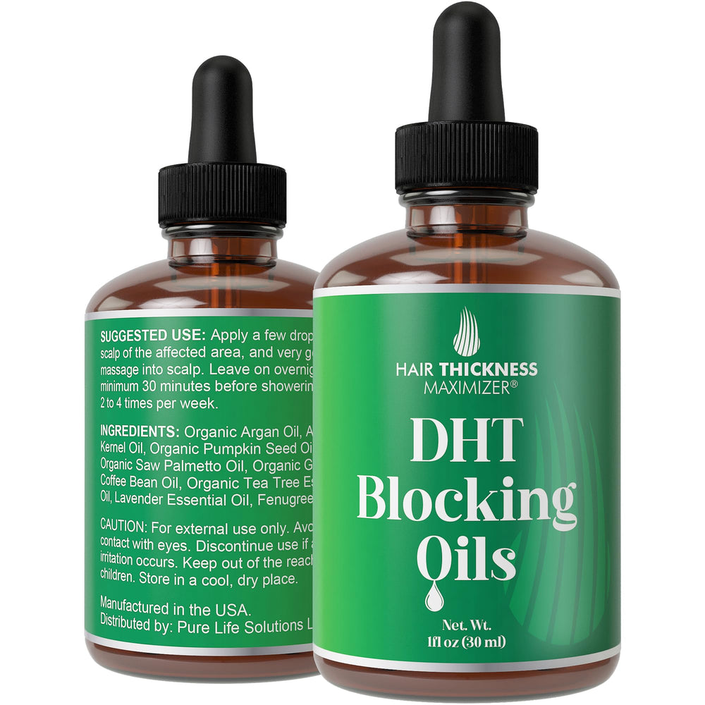 Hair Thickness Maximizer DHT Blocker Serum bottle closeup, vegan unscented formula for thinning hair