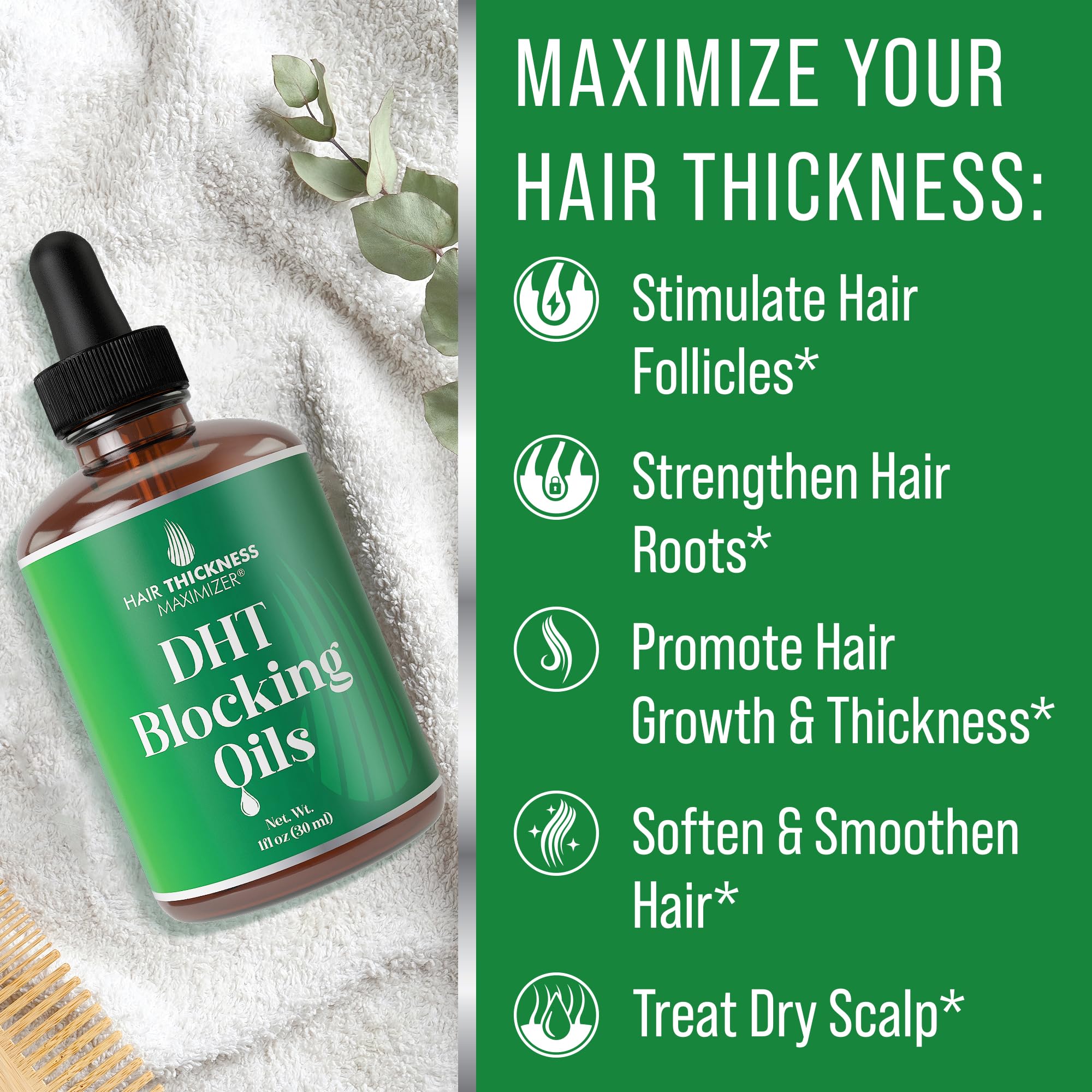 Hair Thickness Maximizer DHT Blocker Serum unscented label communicates clean, cruelty-free care