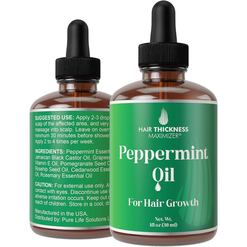Hair Thickness Maximizer peppermint oil bottle for refreshing scalp care.