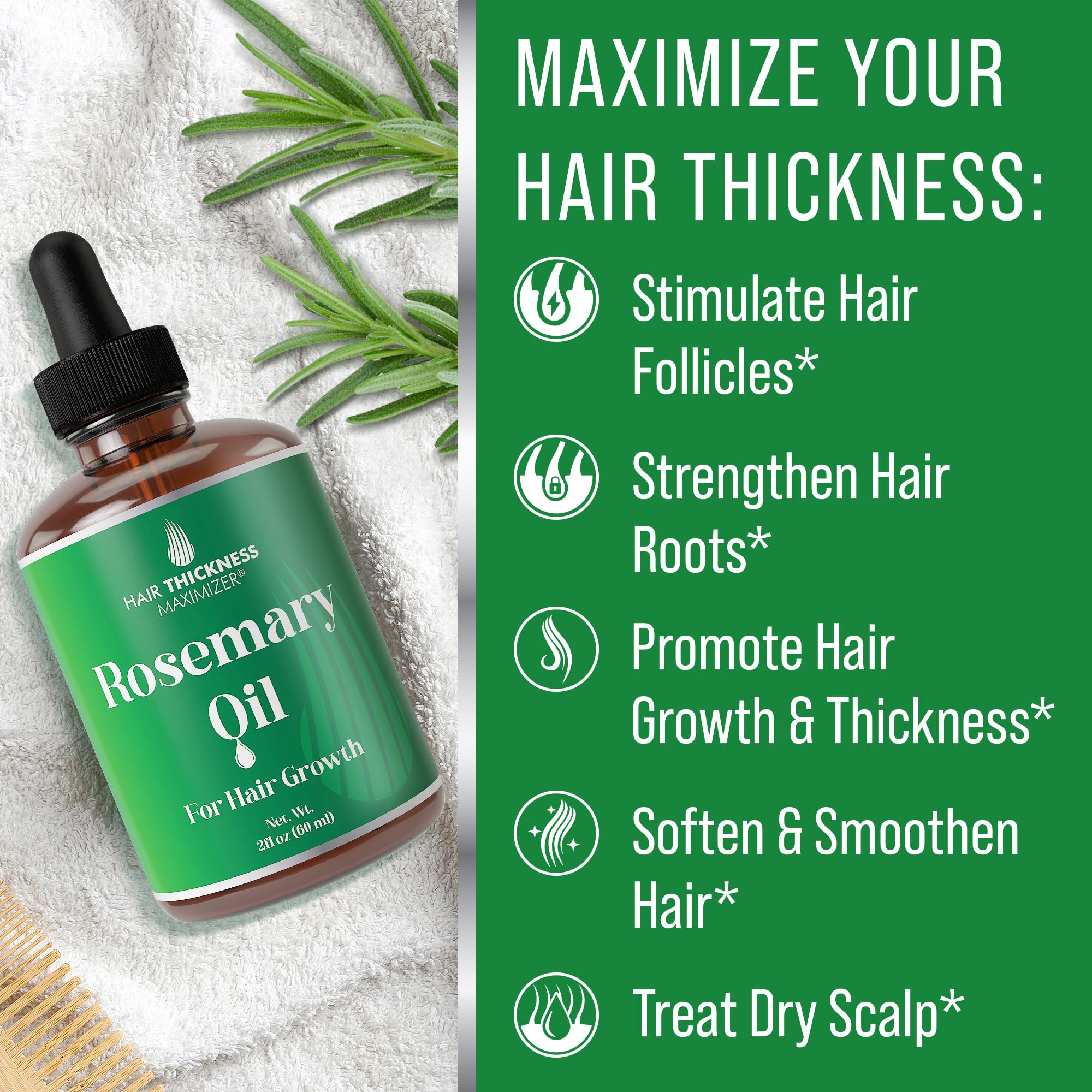 Hair Thickness Maximizer rosemary oil label closeup highlights vegan formula and clean ingredients.