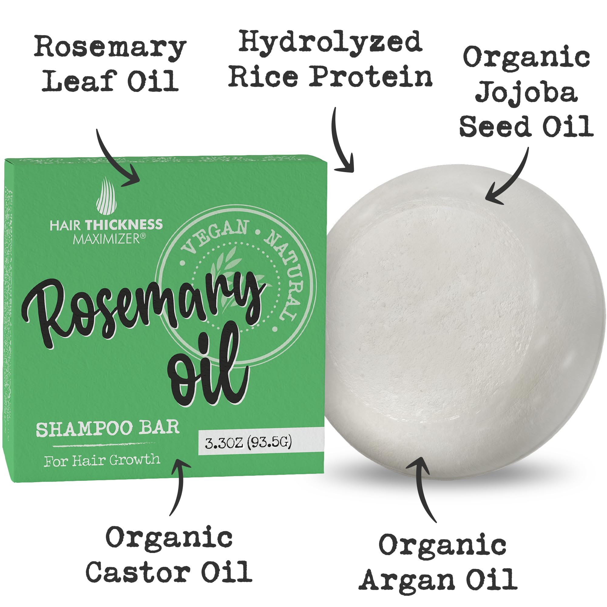 Hair Thickness Maximizer rosemary shampoo bar solid-form reduces waste by replacing three bottles.