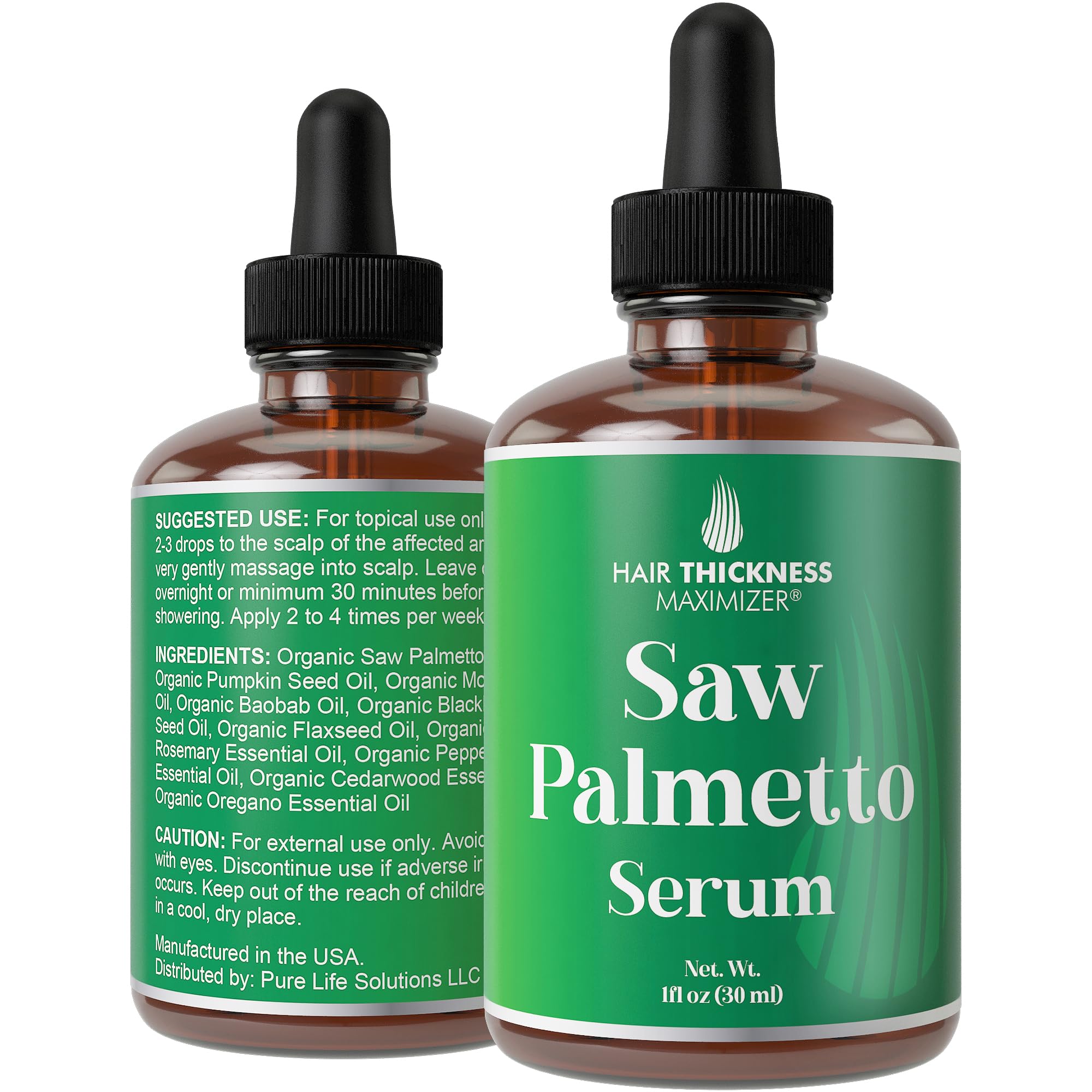 Hair Thickness Maximizer saw palmetto serum bottle for convenient daily scalp care.
