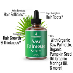 Hair Thickness Maximizer serum ingredients card highlights rosemary and peppermint.