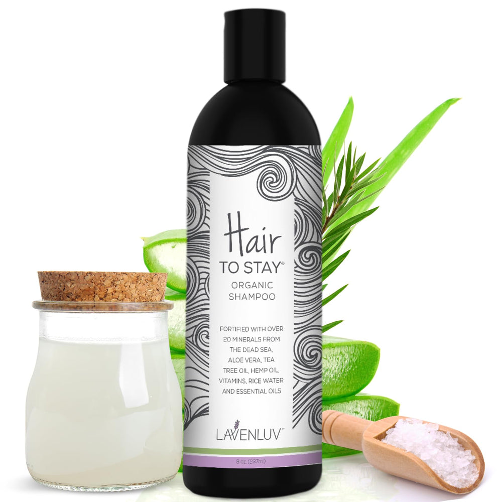 Hair to Stay shampoo bottle pouring for gentle cleansing and scalp refreshment