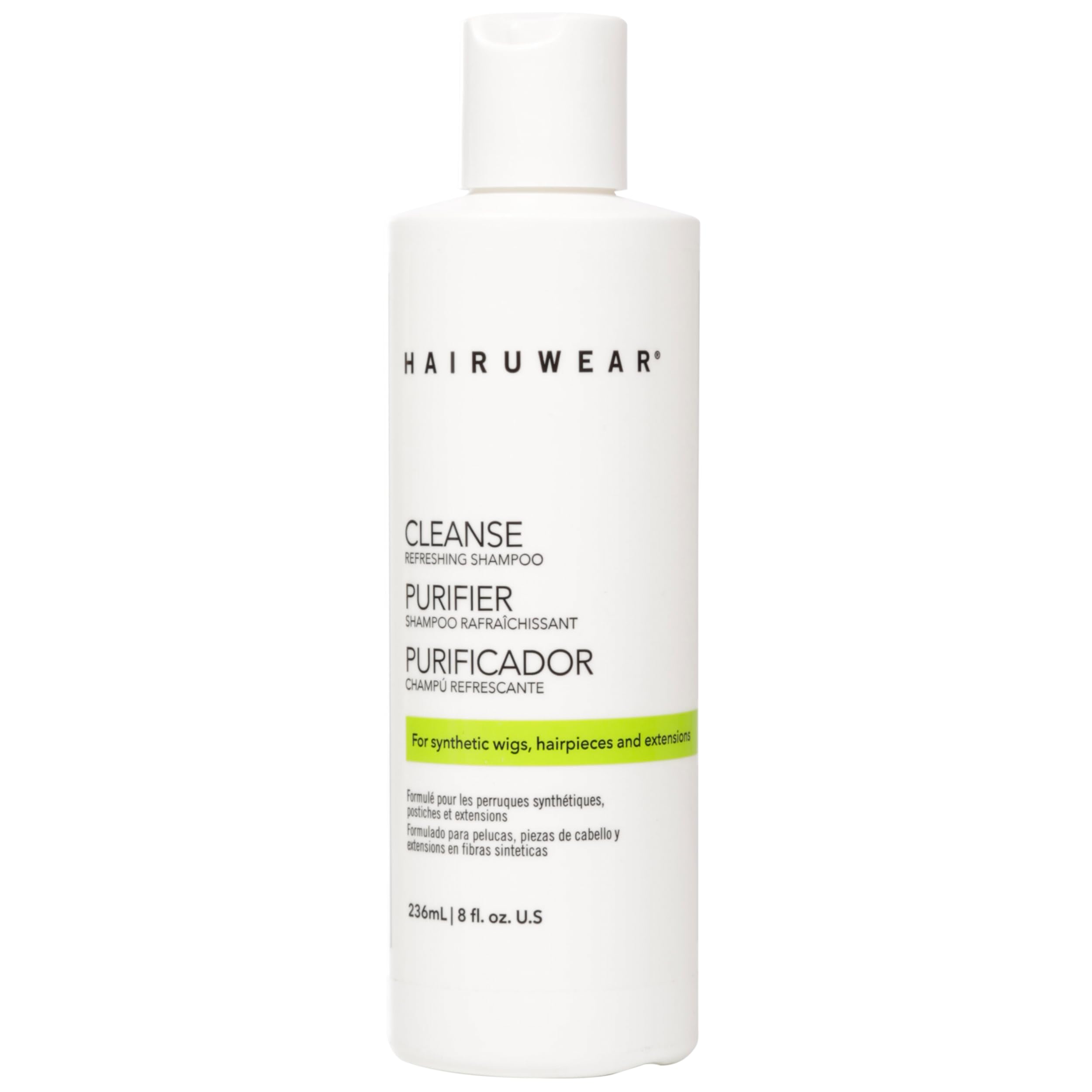 Hair U Wear cleansing shampoo bottle demonstrates gentle cleaning for synthetic wigs