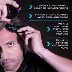 HAIRATIN natural keratin fibers blend with real hair for a realistic look.