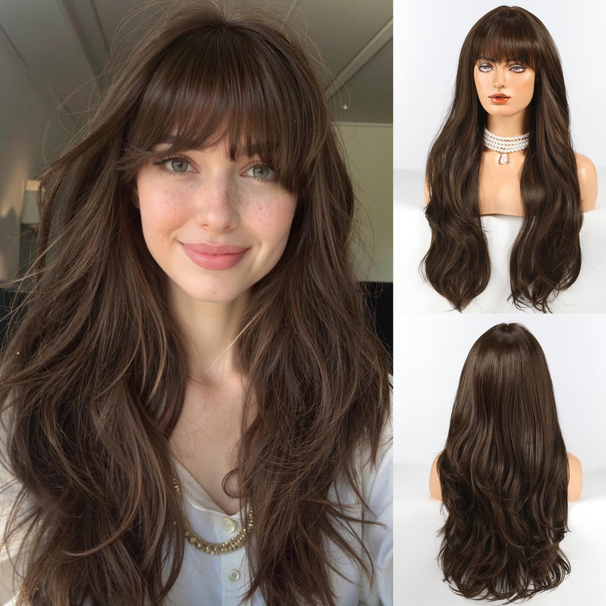 HAIRCUBE long dark brown wig with bangs featuring layered curls for everyday styling