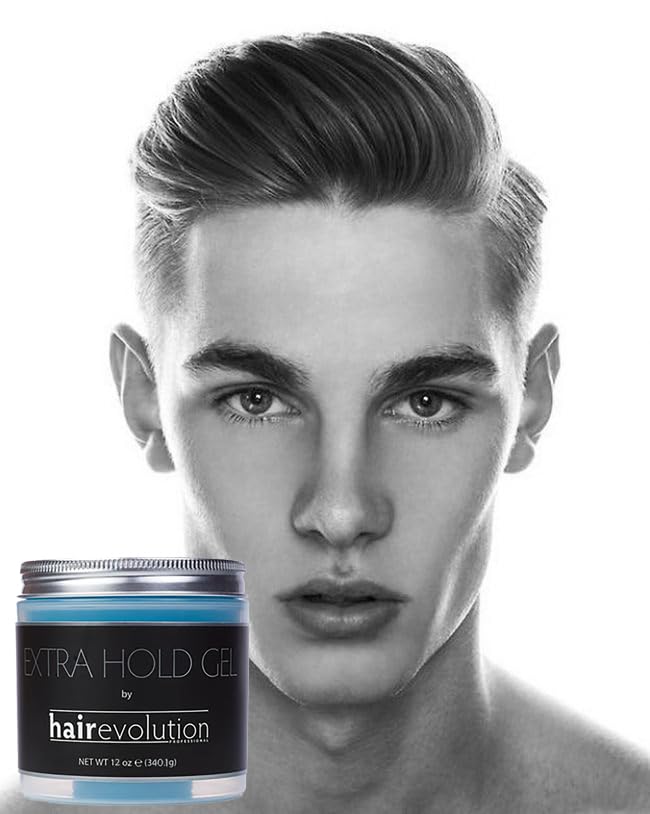 Hairevolution Extra Hold Gel bottle back shows ingredients and alcohol-free formula for scalp comfort.