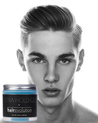 Hairevolution Extra Hold Gel bottle back shows ingredients and alcohol-free formula for scalp comfort.
