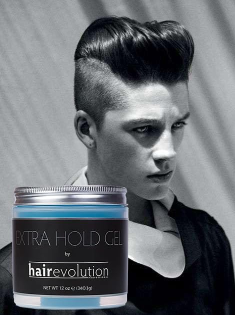 Hairevolution Extra Hold Gel styling shot highlights texture and lasting hold options for bold looks.