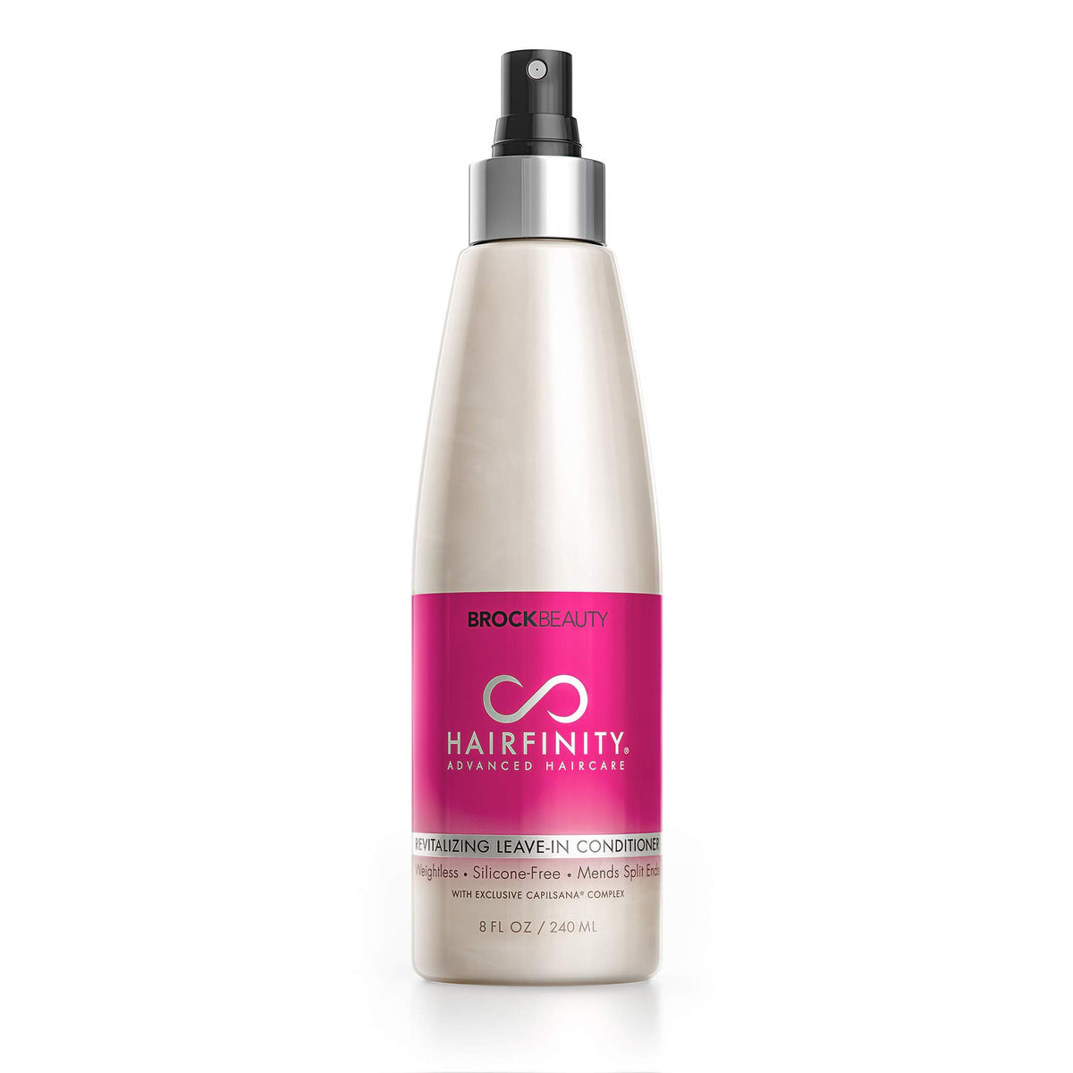 Hairfinity Revitalizing Leave-In Conditioner bottle with nourishing, frizz-control formula.