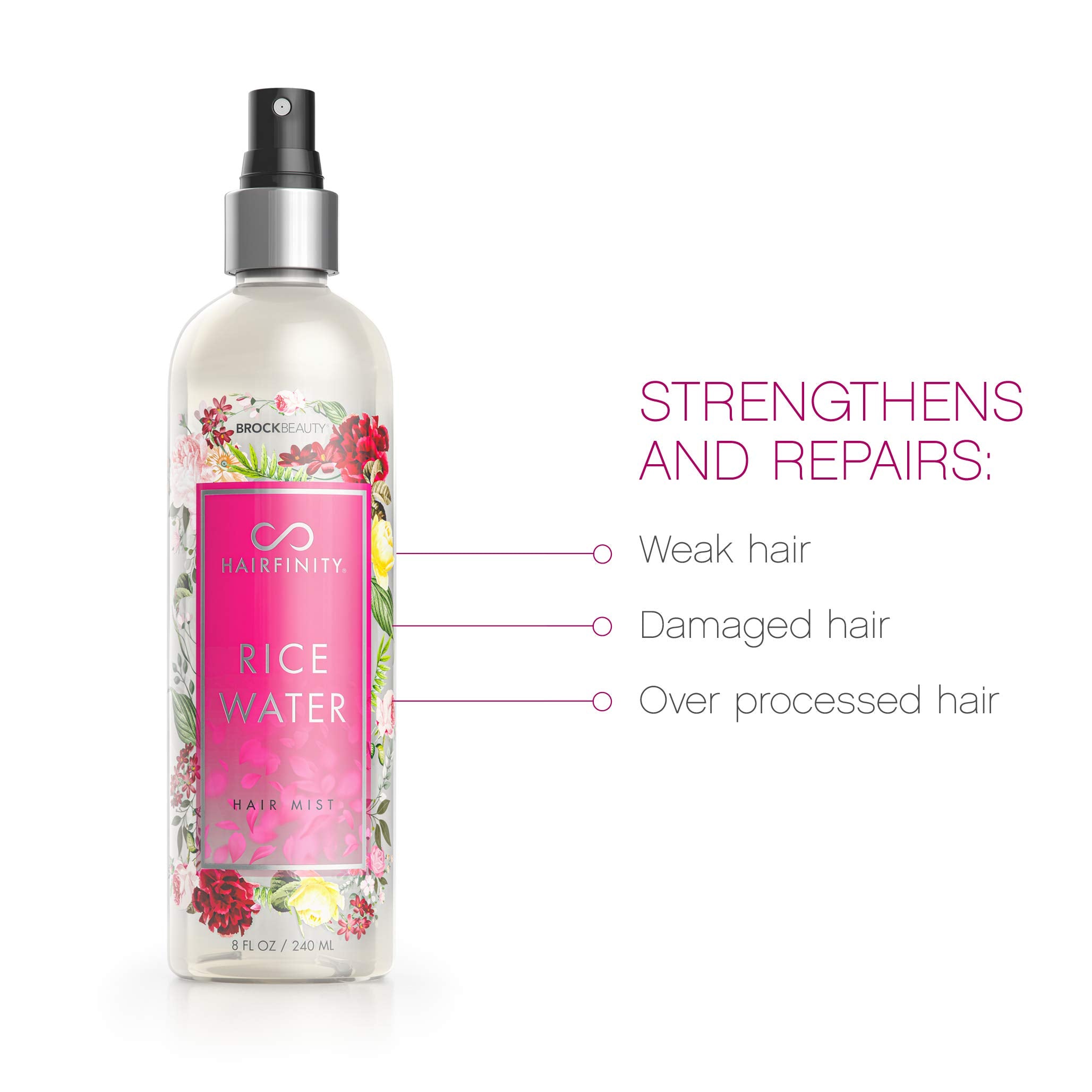 Hairfinity Rice Water Hair Mist bottle back promoting color-safe formula.