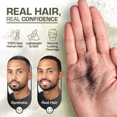 HAIRFUSION bald-spot concealment close-up shows seamless blend.