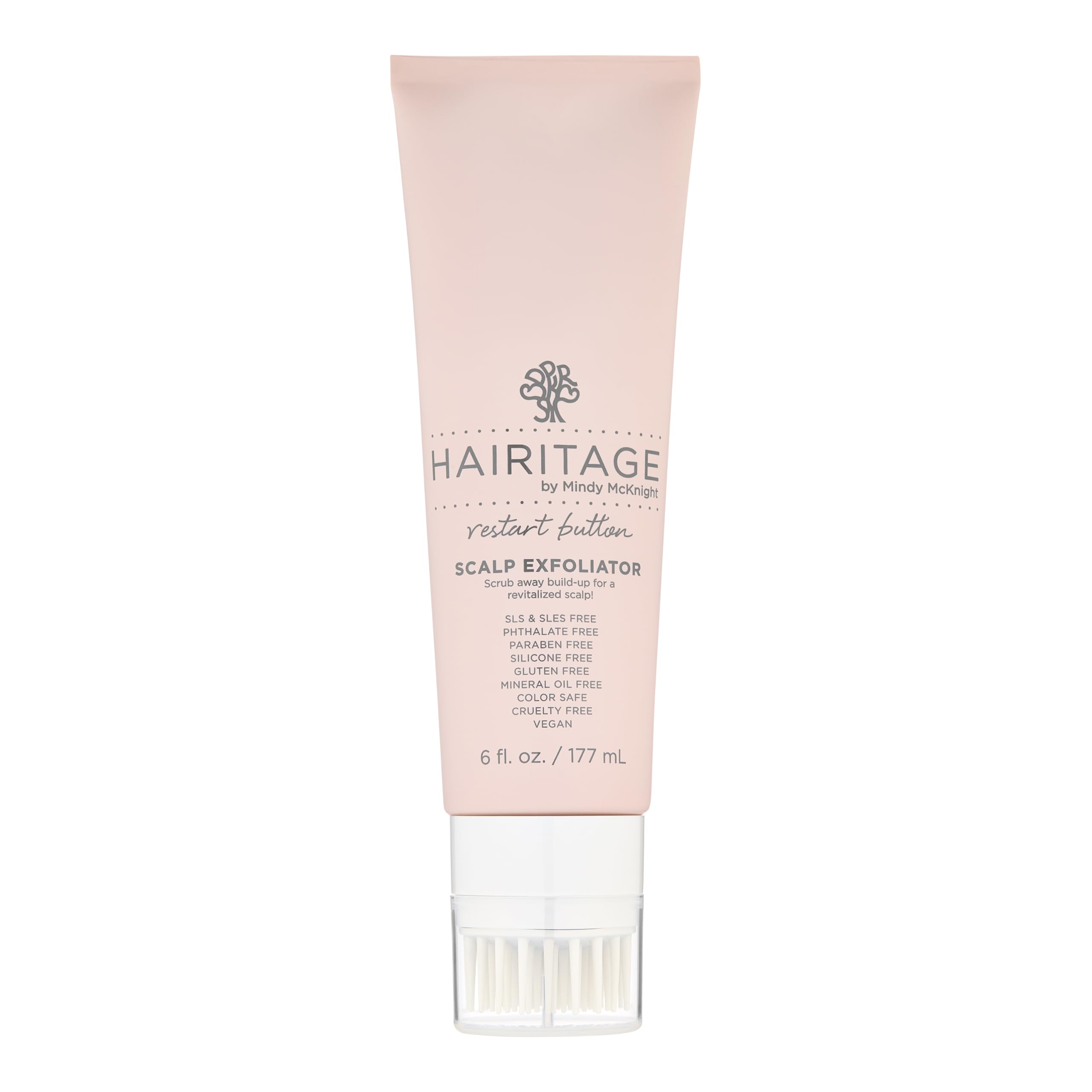 Hairitage Restart Button Scalp Exfoliator bottle closeup highlights premium packaging and ease of use.
