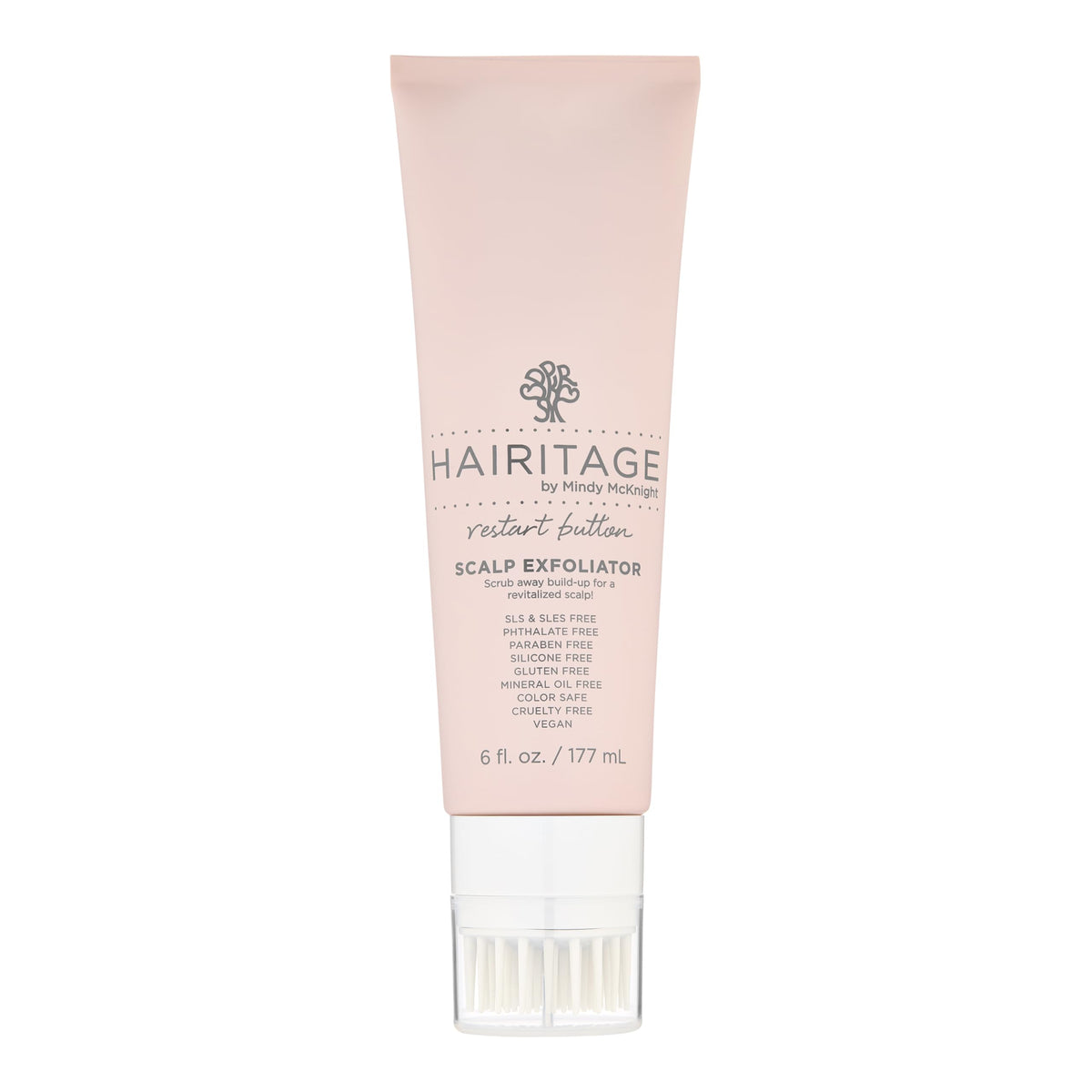 Hairitage Restart Button Scalp Exfoliator bottle closeup highlights premium packaging and ease of use.