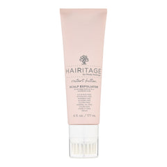 Hairitage Restart Button Scalp Exfoliator bottle closeup highlights premium packaging and ease of use.