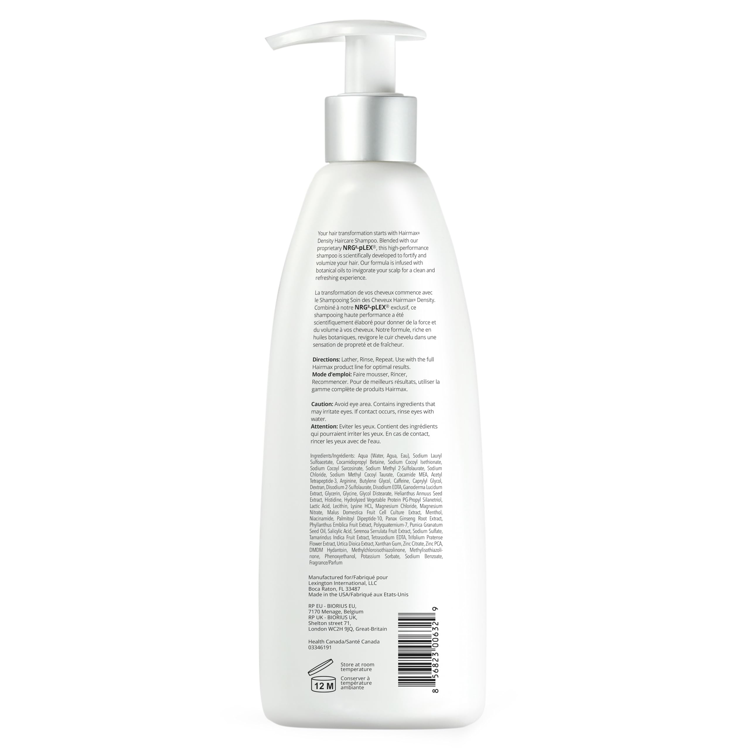 Hairmax Density Shampoo bottle being poured for easy thinning hair care.