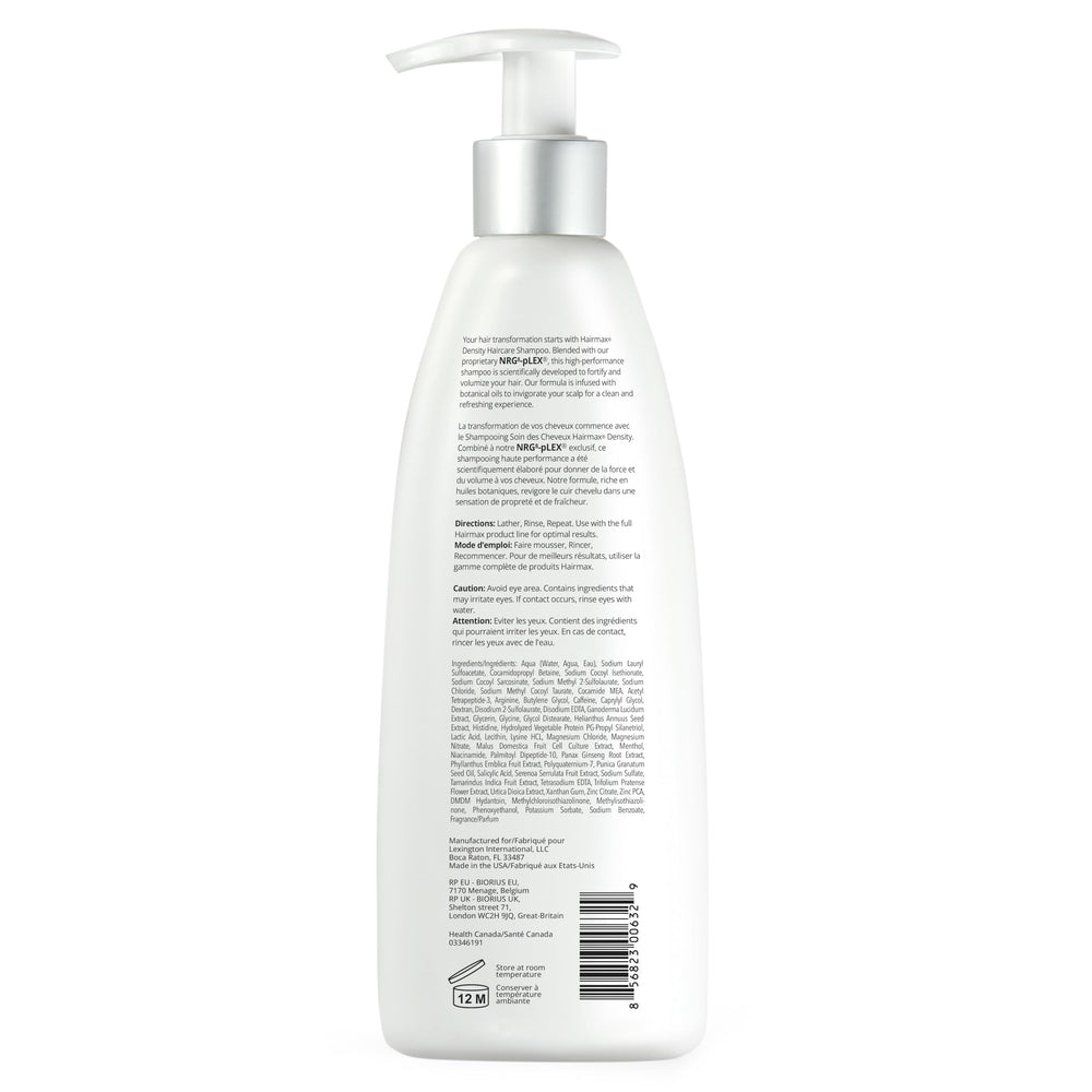 Hairmax Density Shampoo bottle being poured for easy thinning hair care.