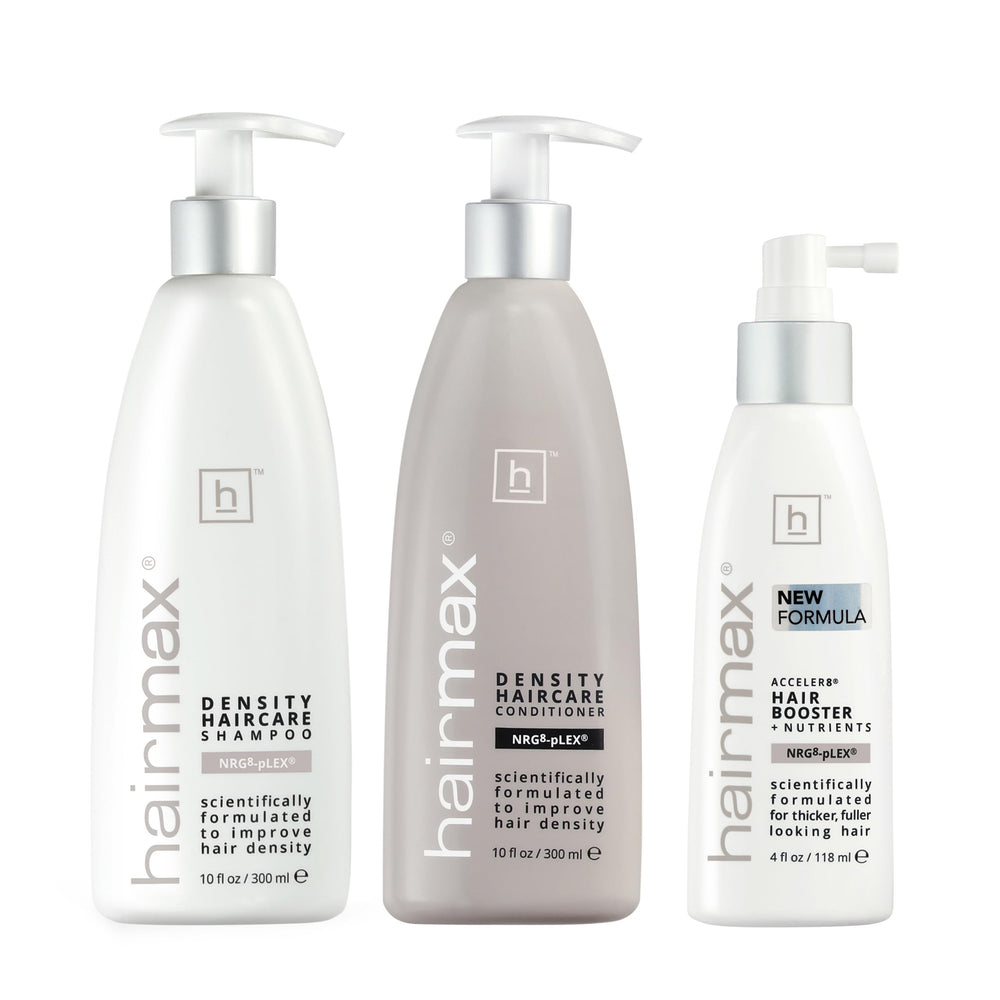 Hairmax Density Shampoo bottle; purifies scalp and supports fuller-looking hair.