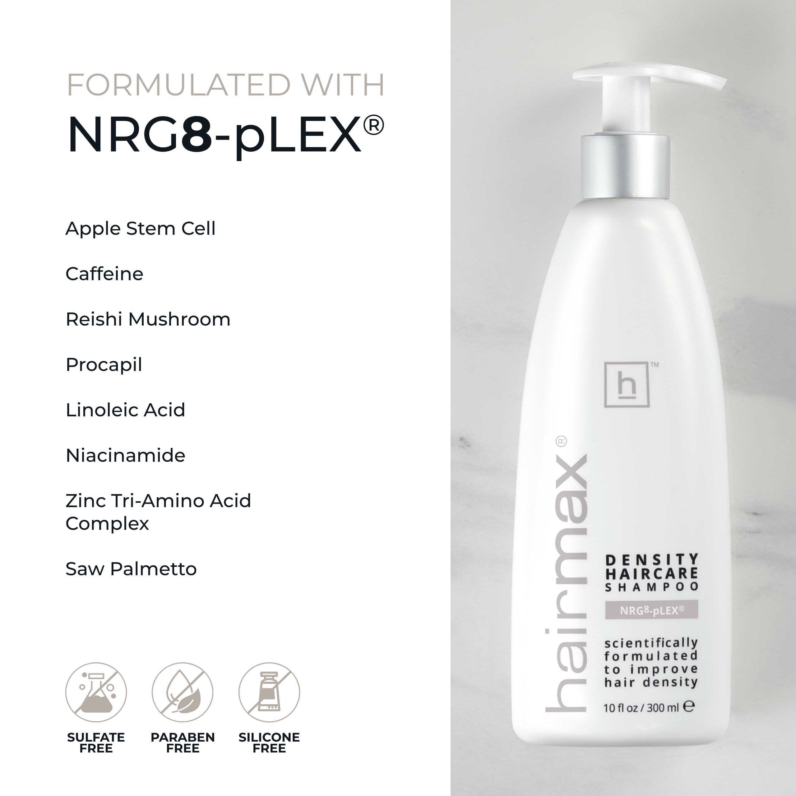 Hairmax Density Shampoo liposome technology shows advanced ingredient delivery.