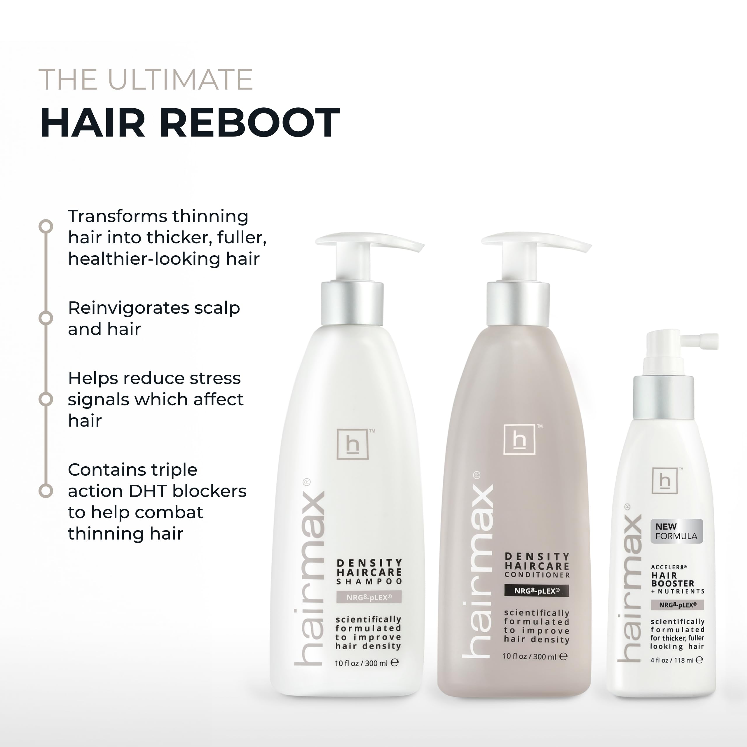 Hairmax Density three-piece packaging; sleek set designed for thinning hair care.