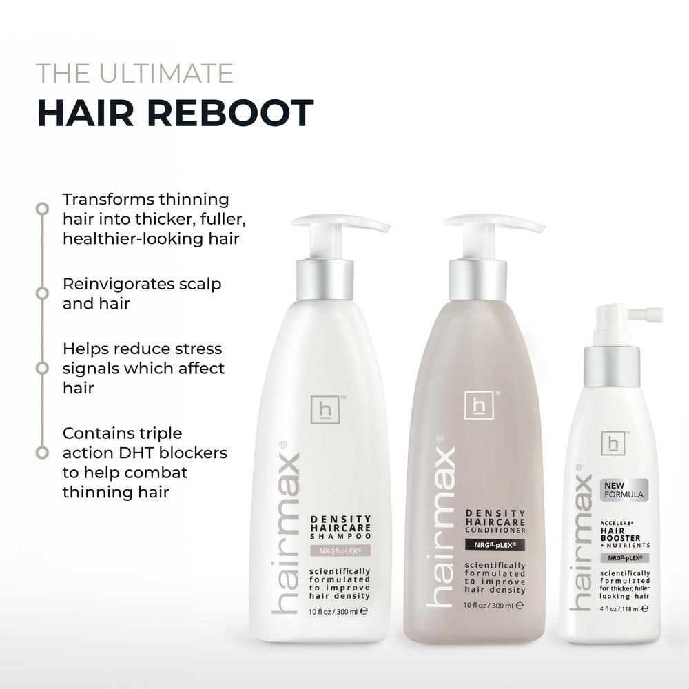 Hairmax Density three-piece packaging; sleek set designed for thinning hair care.