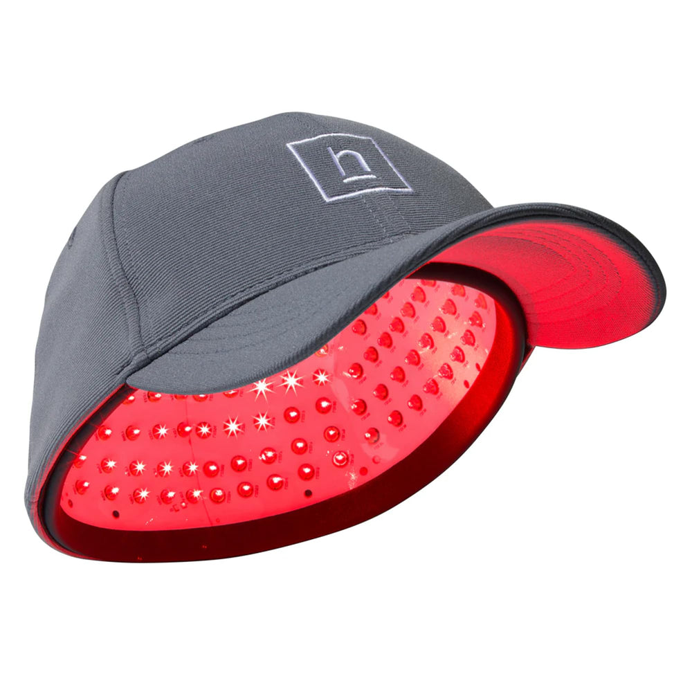 HairMax PowerFlex 272 cap on head for at-home laser hair growth