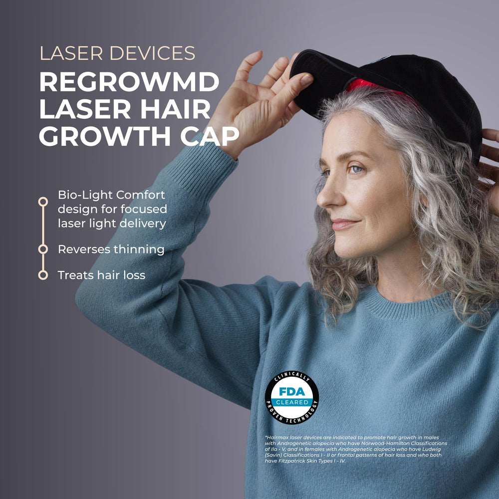 Hairmax RegrowMD cap worn on head for hands-free at-home light therapy.
