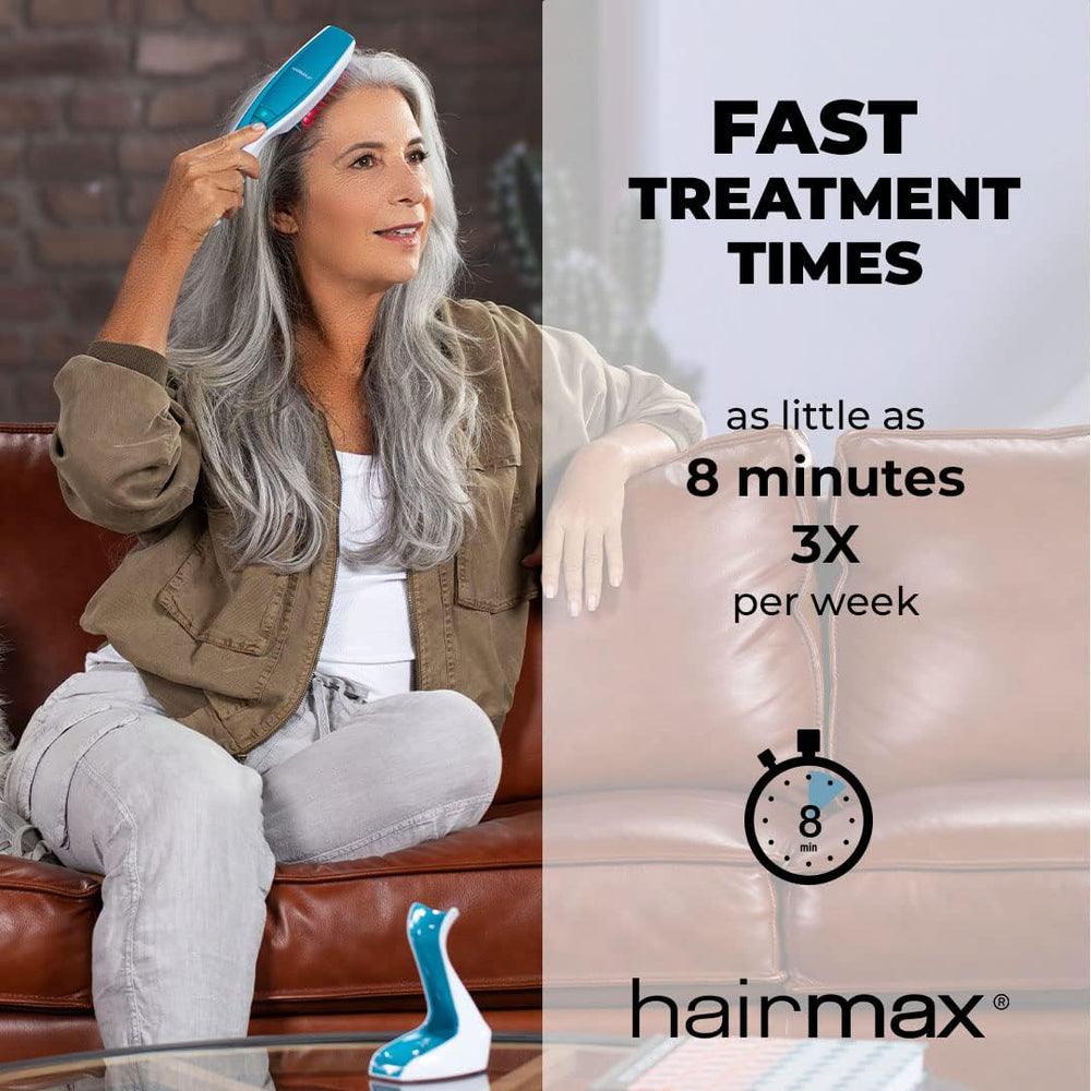 Hairmax Ultima 12 LaserComb demonstrates safe red-light therapy for hair care.