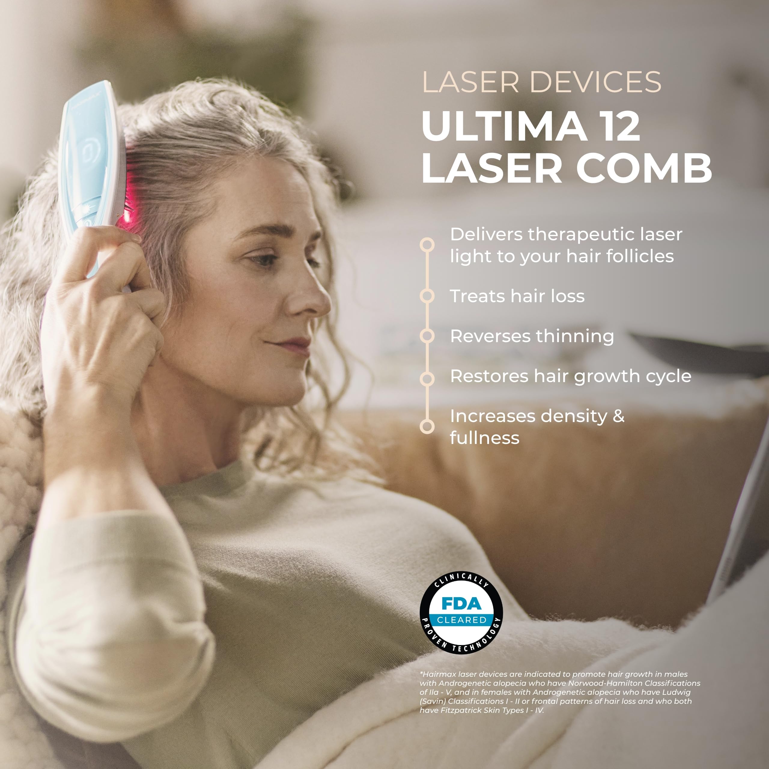 Hairmax Ultima 12 LaserComb in use during a quick eight-minute treatment at home.