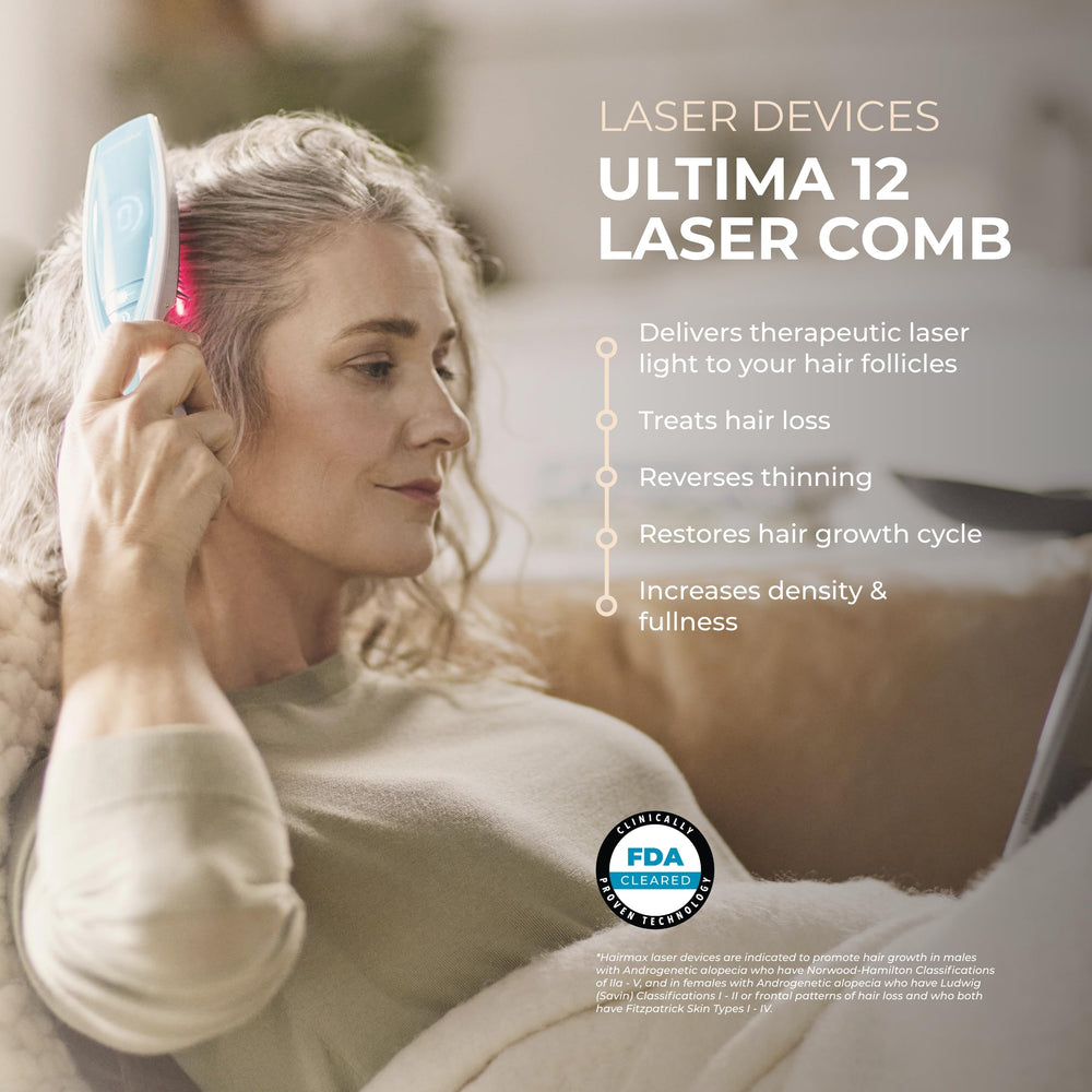 Hairmax Ultima 12 LaserComb in use during a quick eight-minute treatment at home.