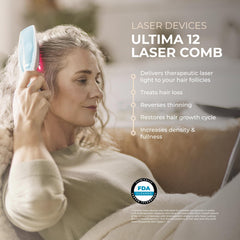 Hairmax Ultima 12 LaserComb in use during a quick eight-minute treatment at home.