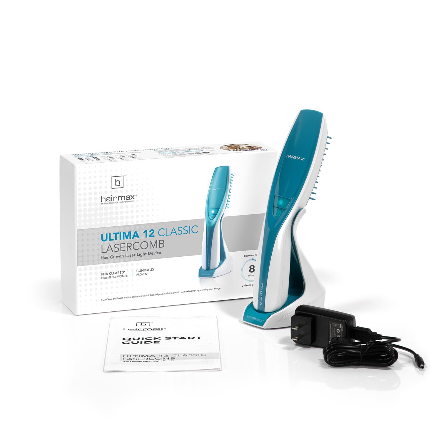 HairMax Ultima12 user manual and cordless setup on a clean vanity.