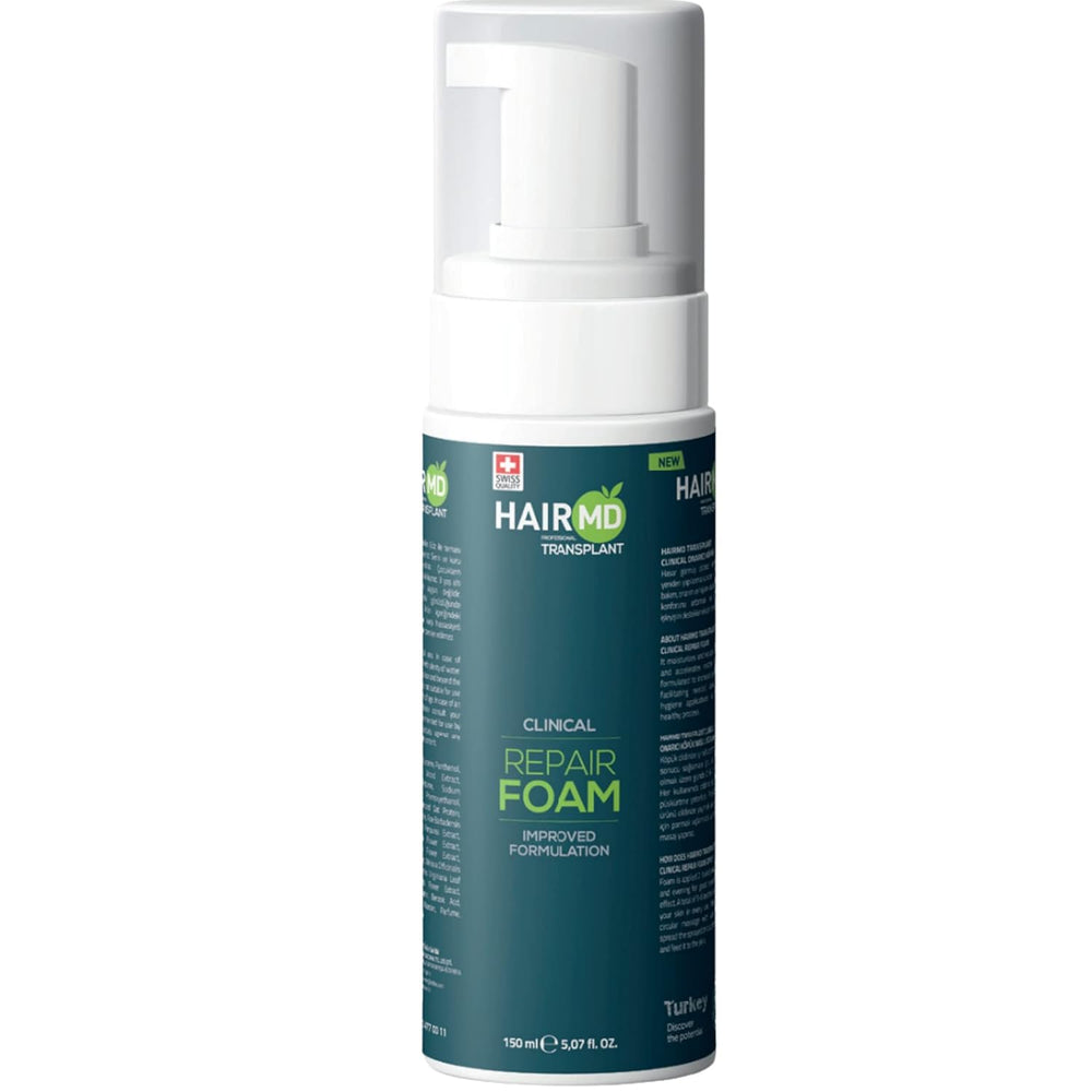 HairMD Transplant Clinical Foam 150ml bottle shown for post-transplant care and gentle cleansing.