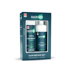 HairMD Transplant Set shampoo bottle demonstrates gentle post-transplant care for sensitive scalps.